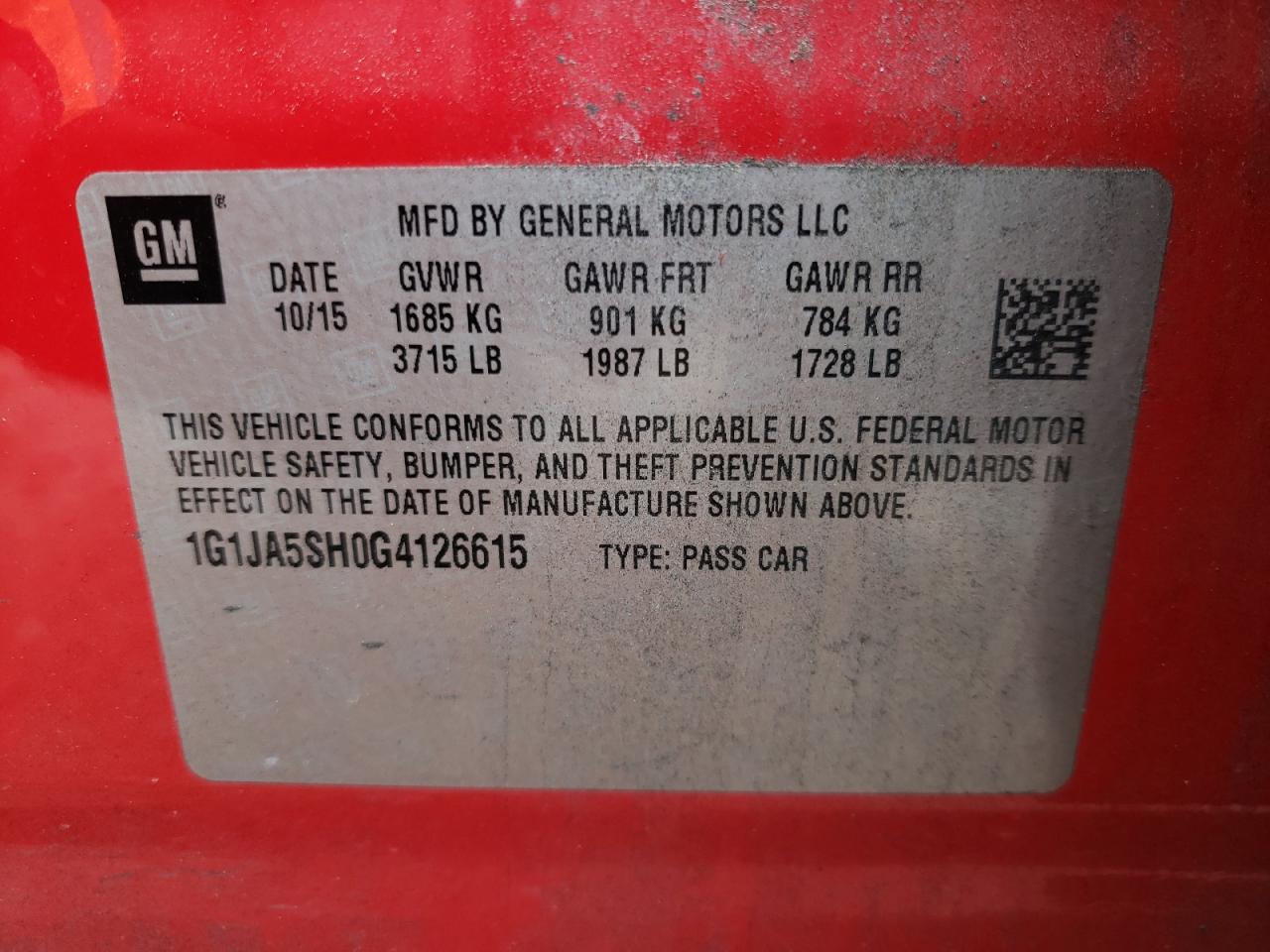 Photo 10 from auction – 2016 CHEVROLET SONIC LS with VIN 1G1JA5SH0G4126615