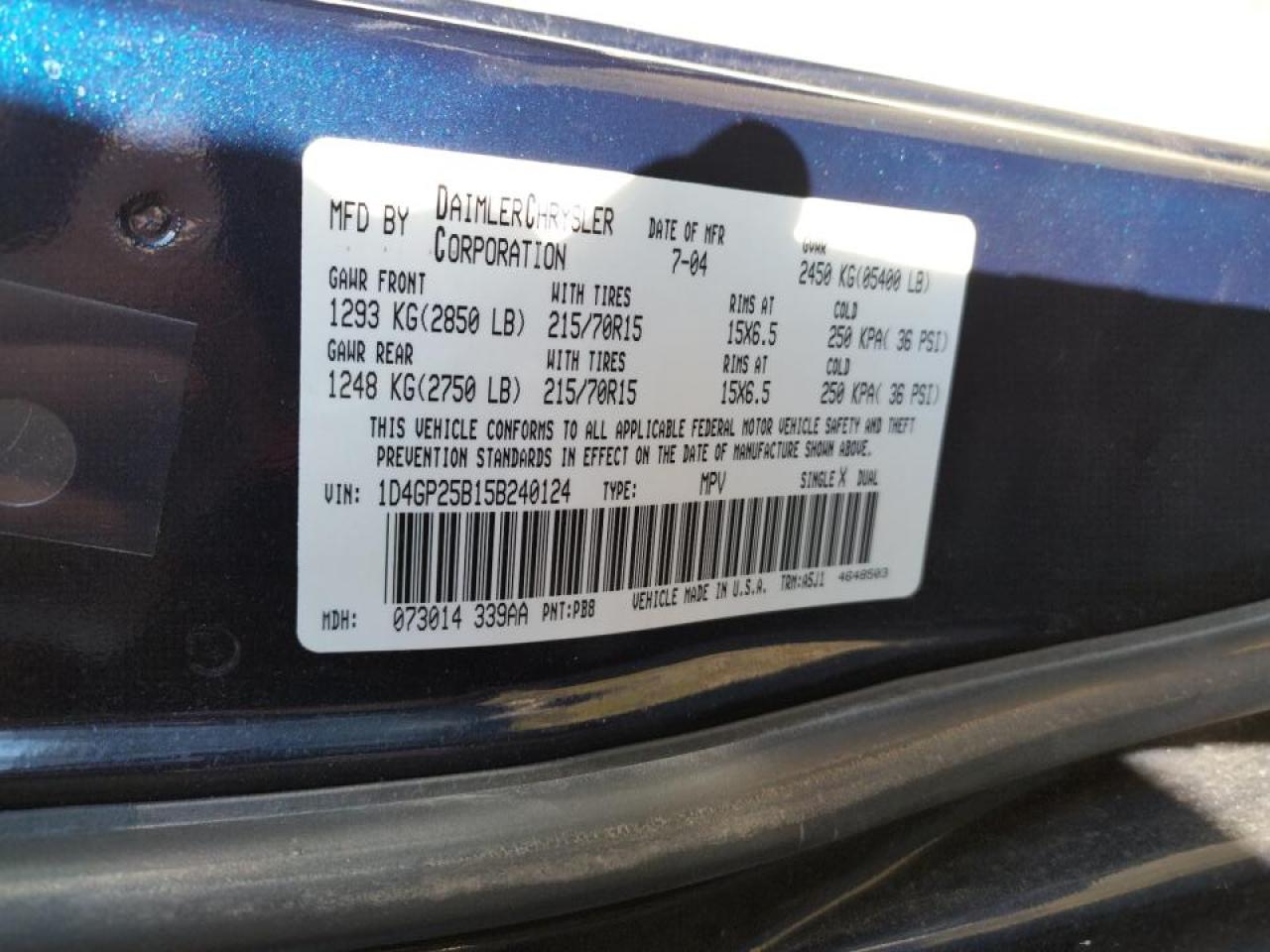 Photo 10 from auction – 2005 DODGE CARAVAN SE with VIN 1D4GP25B15B240124