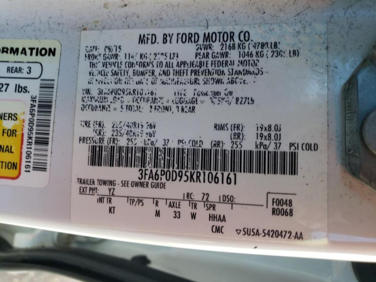 Photo 10 from auction – 2019 FORD FUSION TIT with VIN 3FA6P0D95KR106161