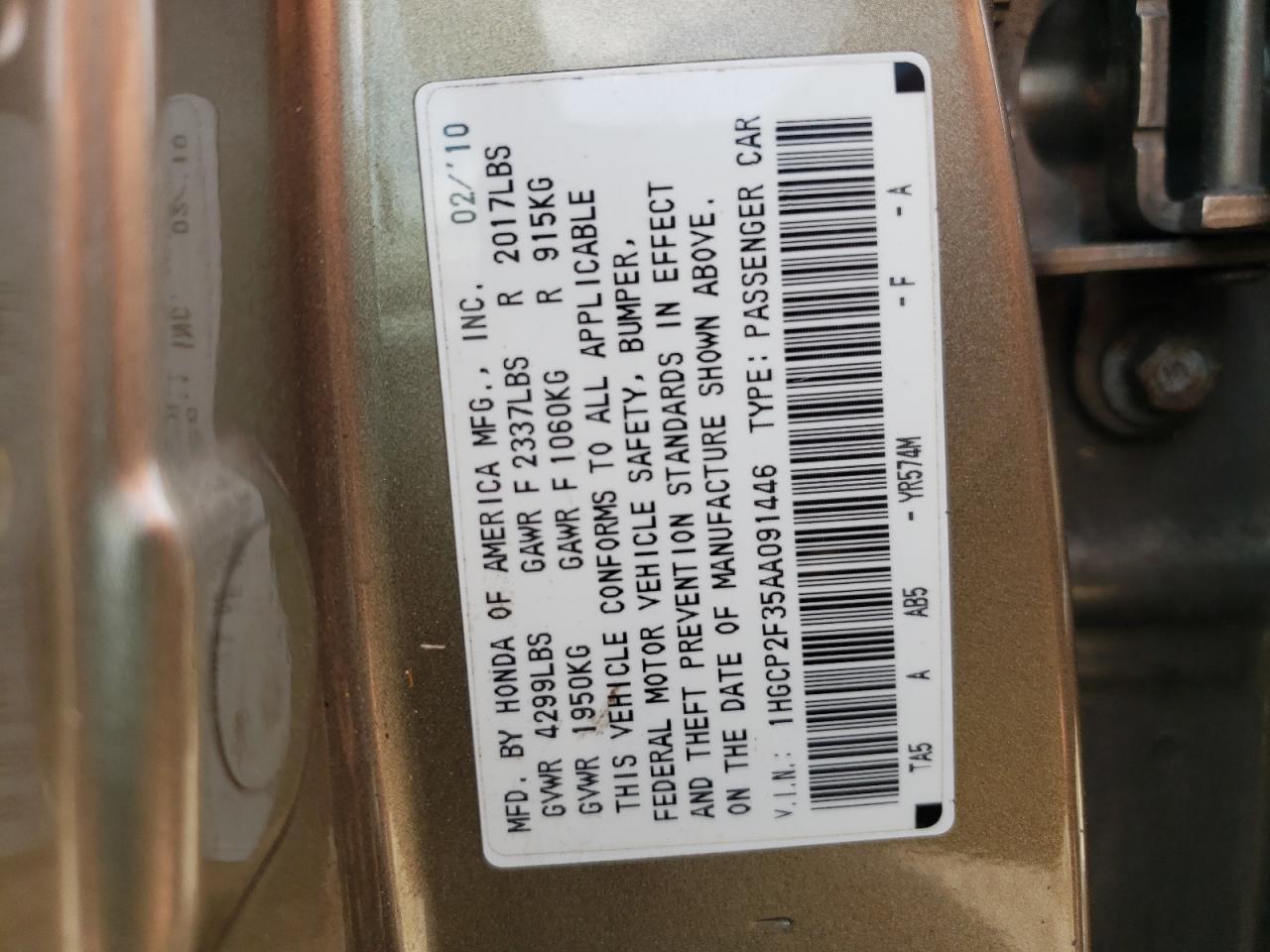 Photo 10 from auction – 2010 HONDA ACCORD LX with VIN 1HGCP2F35AA091446