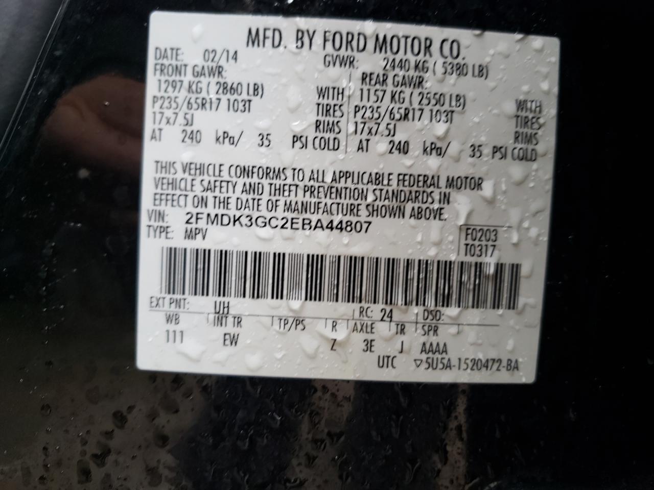 Photo 10 from auction – 2014 FORD EDGE SE with VIN 2FMDK3GC2EBA44807