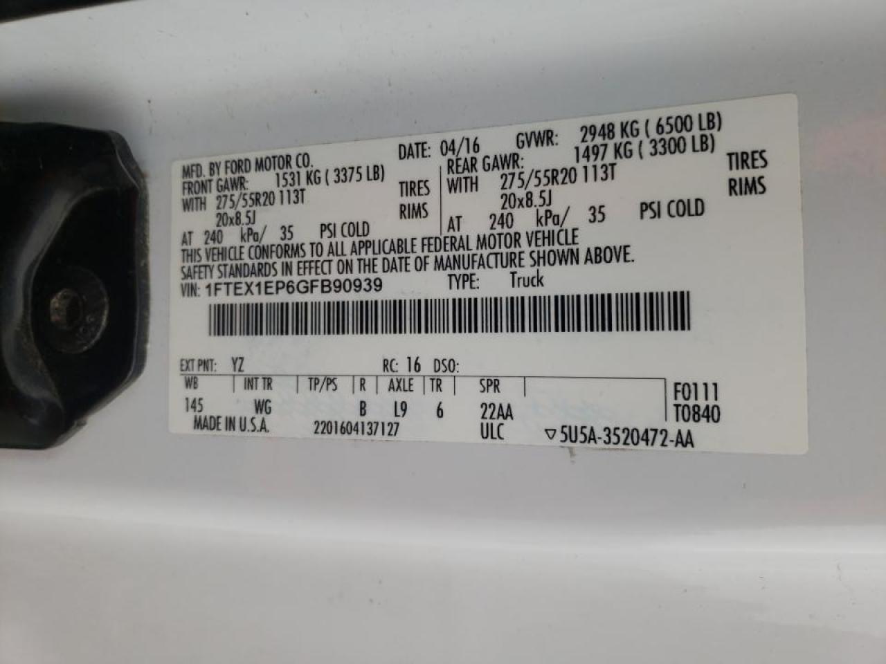 Photo 10 from auction – 2016 FORD F150 SUPER with VIN 1FTEX1EP6GFB90939
