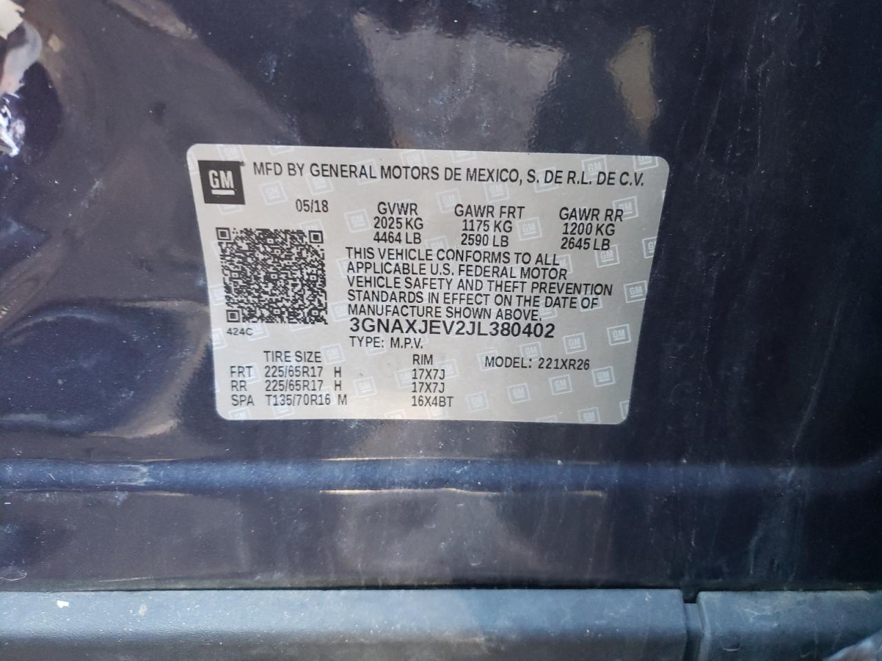 Photo 10 from auction – 2018 CHEVROLET EQUINOX LT with VIN 3GNAXJEV2JL380402
