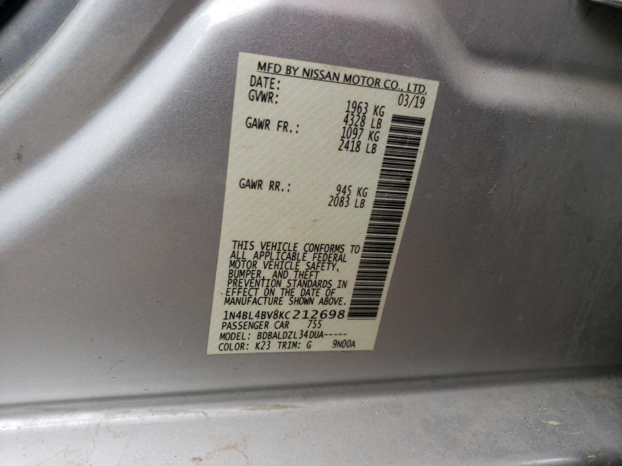 Photo 10 from auction – 2019 NISSAN ALTIMA S with VIN 1N4BL4BV8KC212698