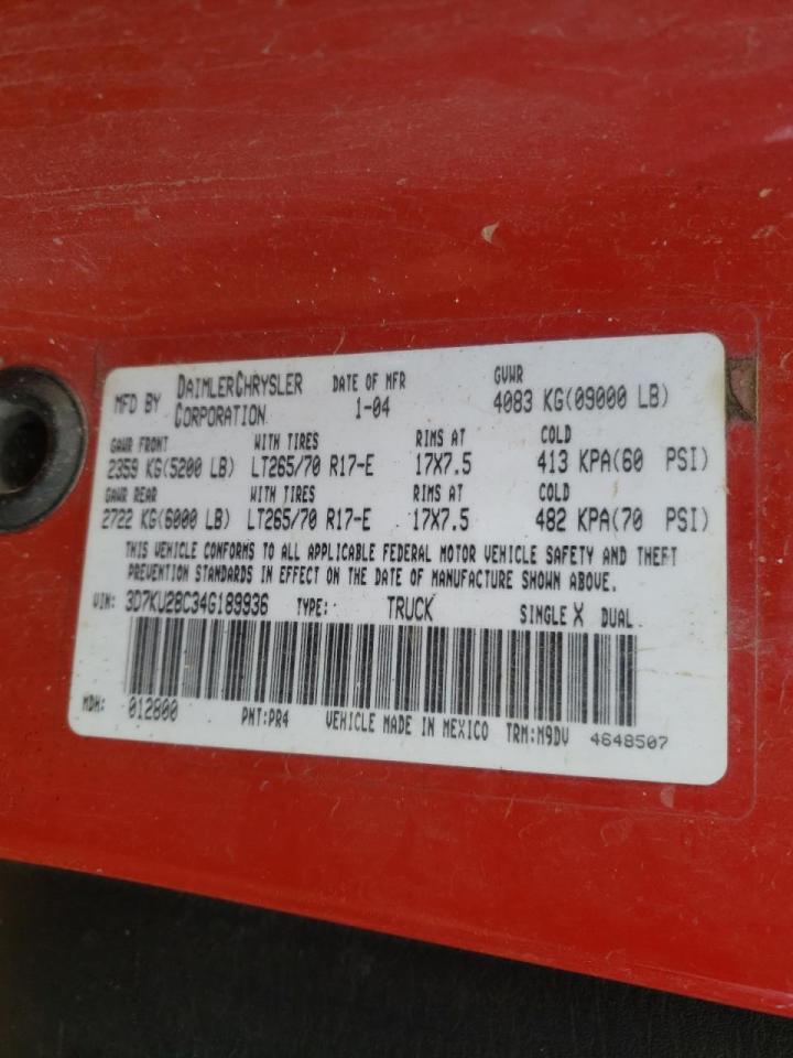 Photo 10 from auction – 2004 DODGE RAM 2500 S with VIN 3D7KU28C34G189936