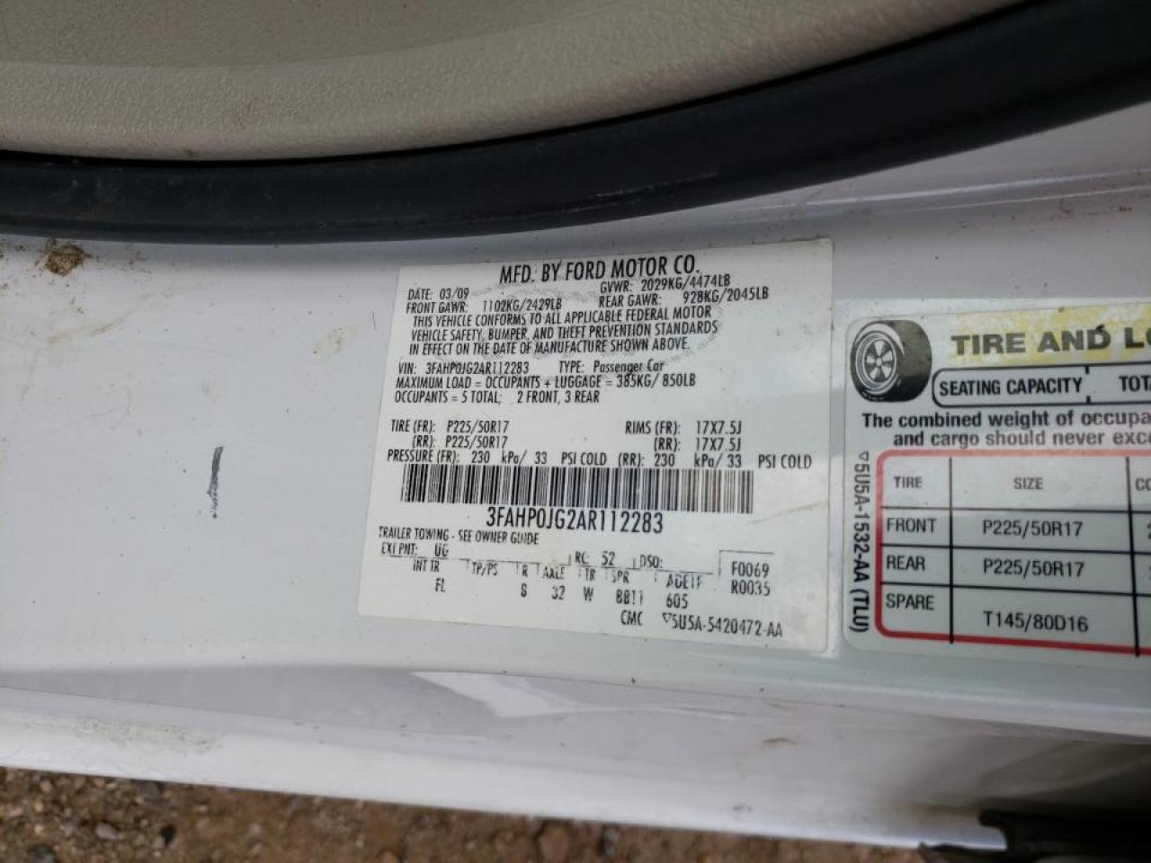 Photo 10 from auction – 2010 FORD FUSION SEL with VIN 3FAHP0JG2AR112283