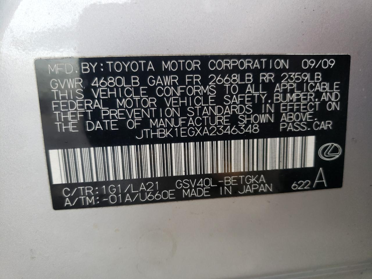 Photo 10 from auction – 2010 LEXUS ES 350 with VIN JTHBK1EGXA2346348