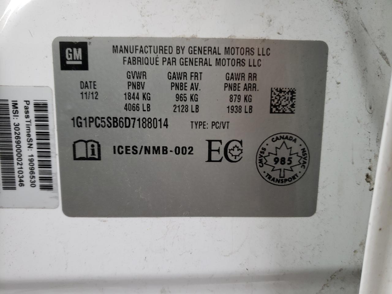 Photo 10 from auction – 2013 CHEVROLET CRUZE LT with VIN 1G1PC5SB6D7188014