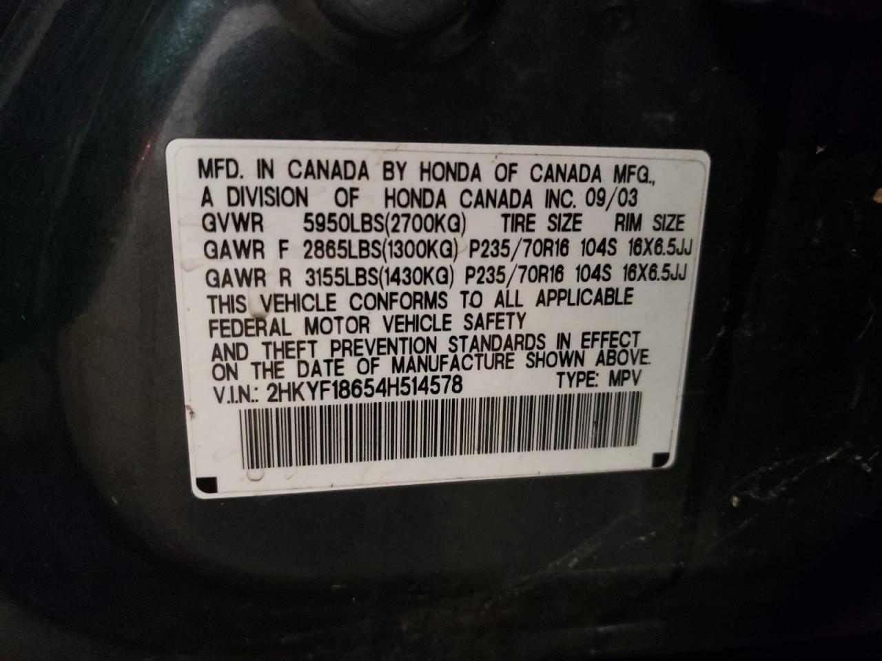 Photo 10 from auction – 2004 HONDA PILOT EXL with VIN 2HKYF18654H514578