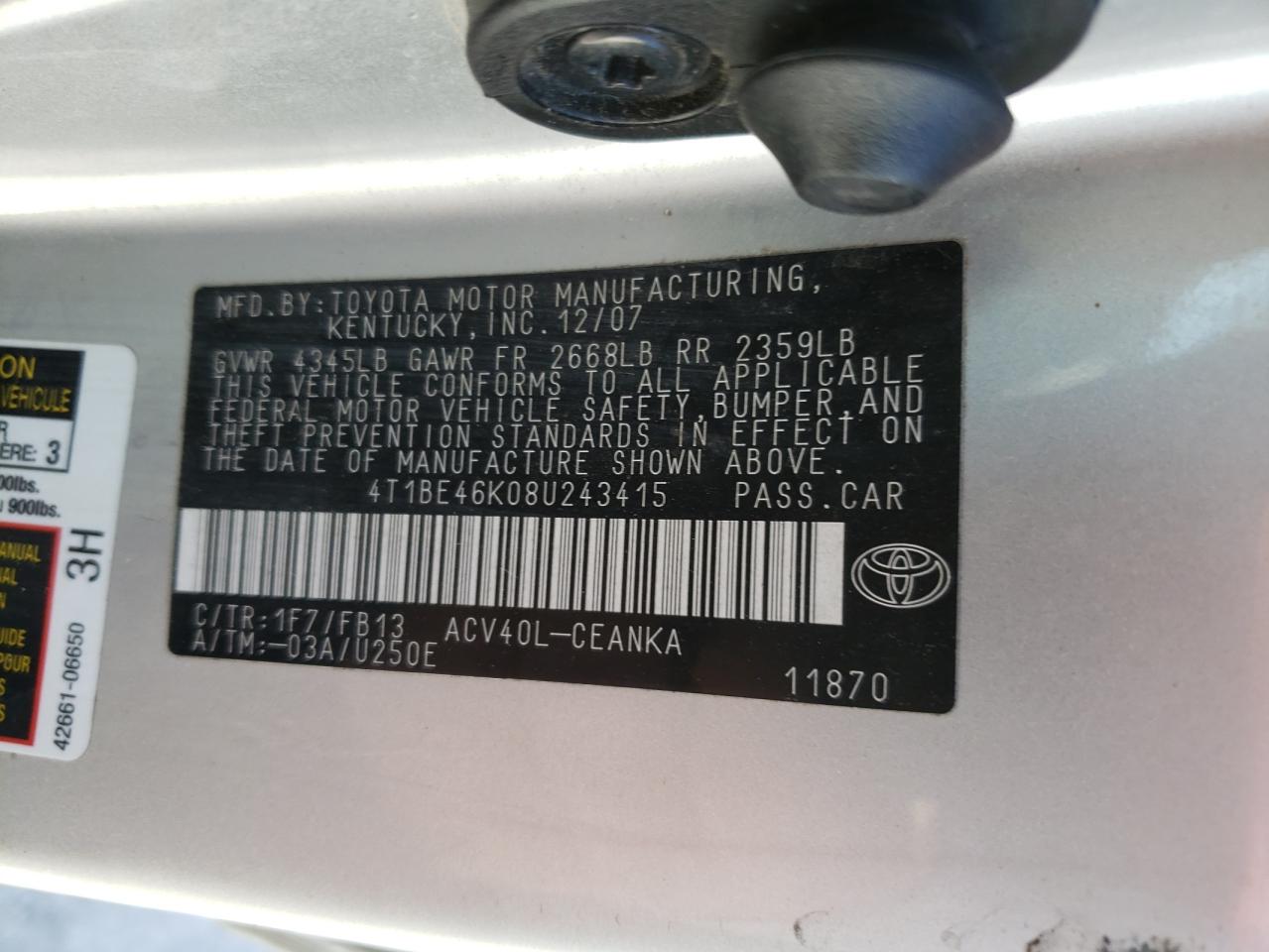 Photo 10 from auction – 2008 TOYOTA CAMRY CE with VIN 4T1BE46K08U243415