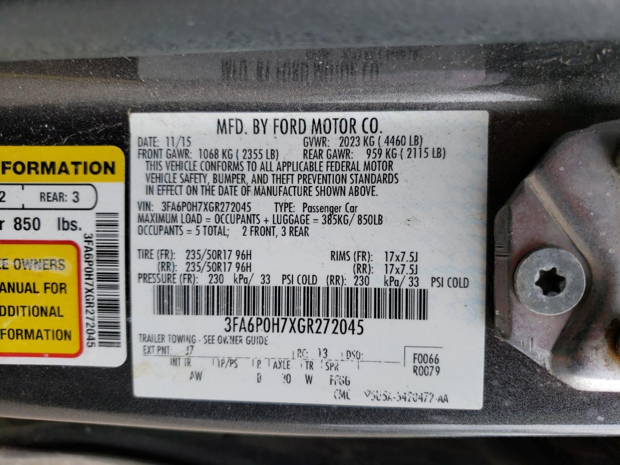 Photo 10 from auction – 2016 FORD FUSION SE with VIN 3FA6P0H7XGR272045