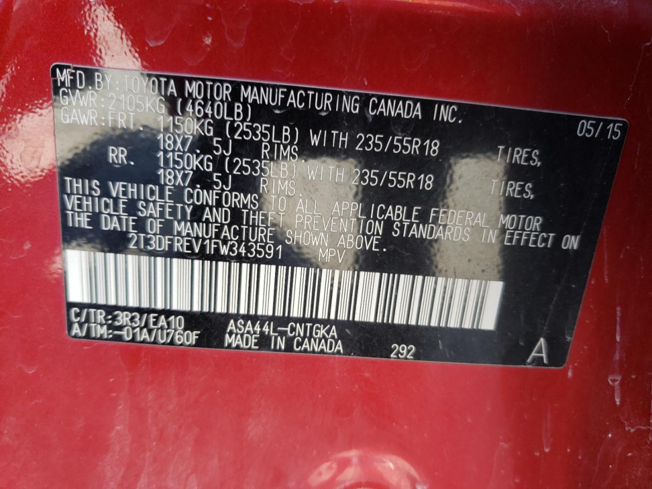 Photo 10 from auction – 2015 TOYOTA RAV4 LIMIT with VIN 2T3DFREV1FW343591