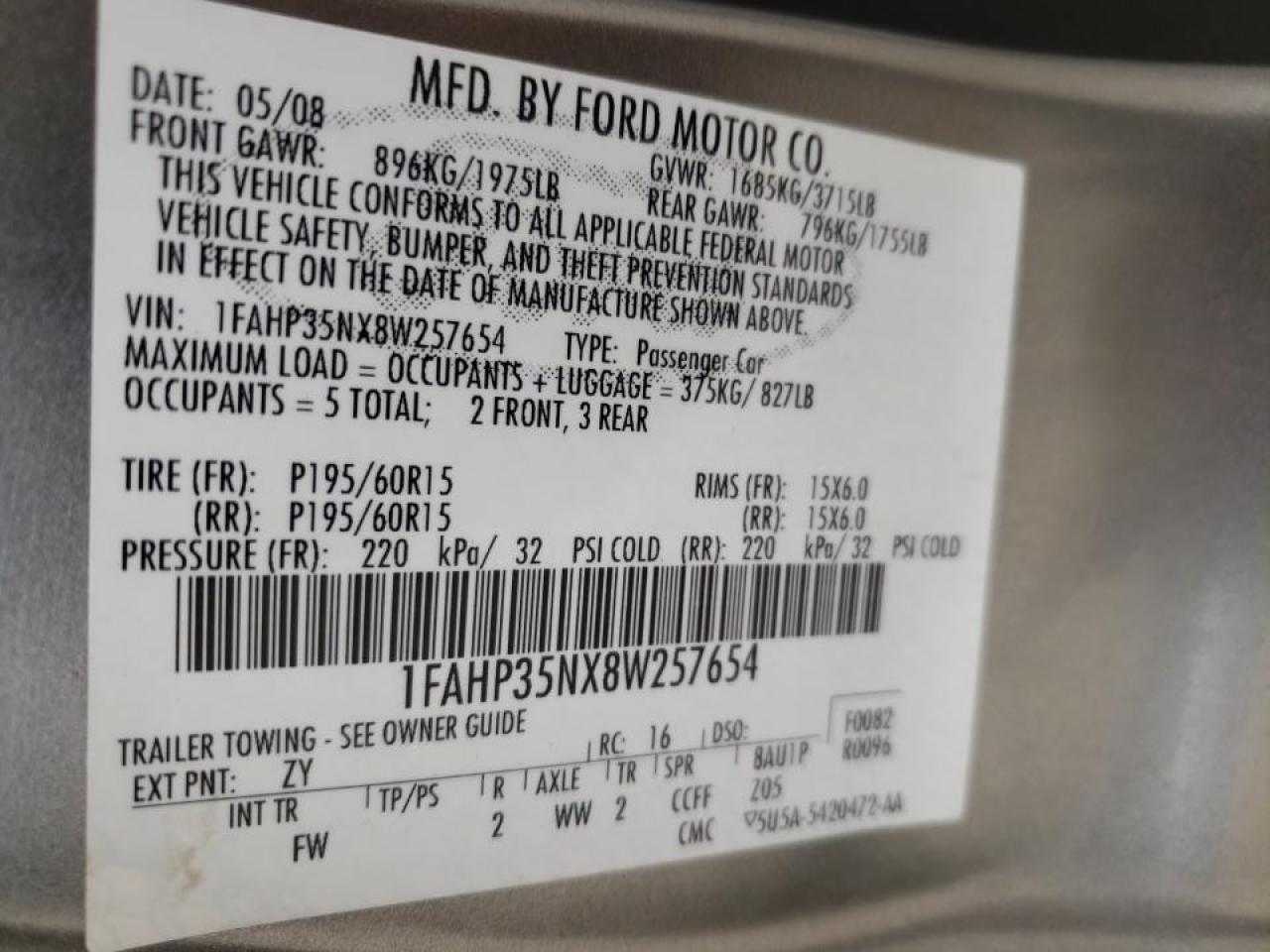 Photo 10 from auction – 2008 FORD FOCUS SE with VIN 1FAHP35NX8W257654