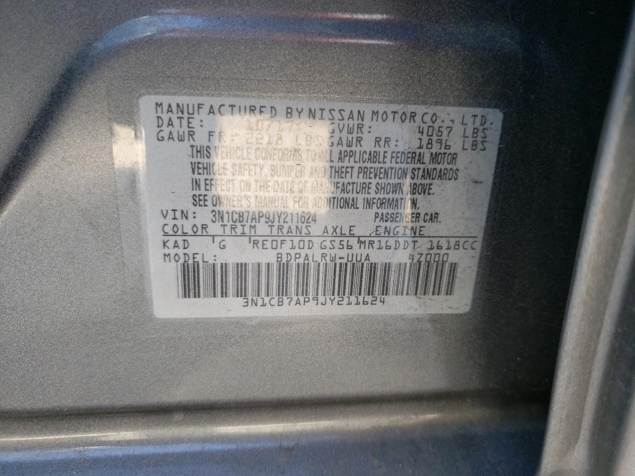Photo 10 from auction – 2018 NISSAN SENTRA SR with VIN 3N1CB7AP9JY211624