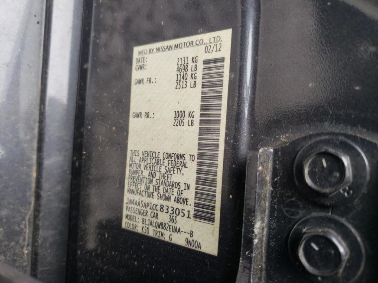 Photo 10 from auction – 2012 NISSAN MAXIMA S with VIN 1N4AA5AP1CC833051