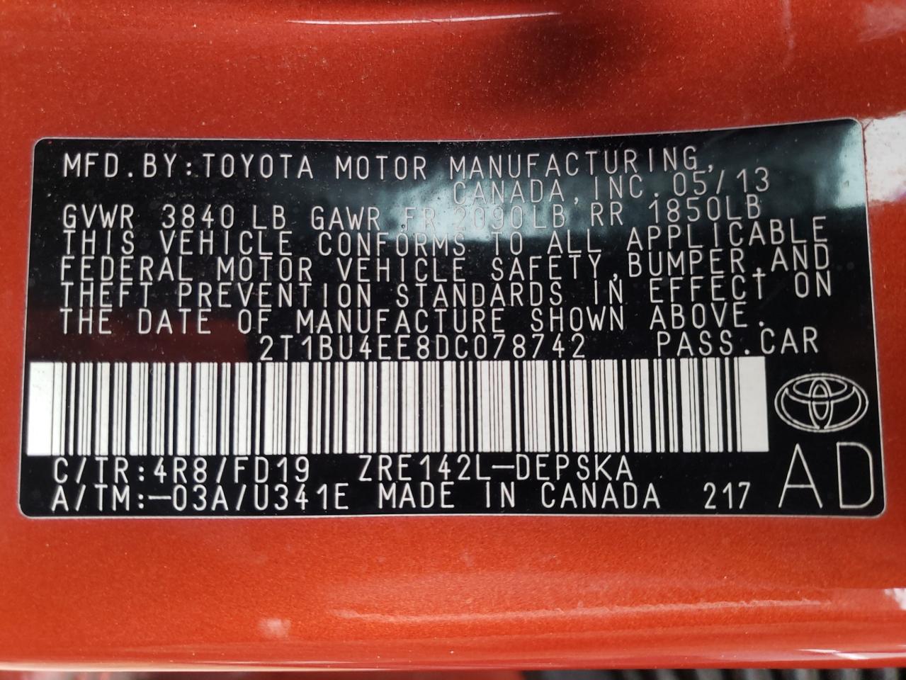 Photo 10 from auction – 2013 TOYOTA COROLLA BA with VIN 2T1BU4EE8DC078742