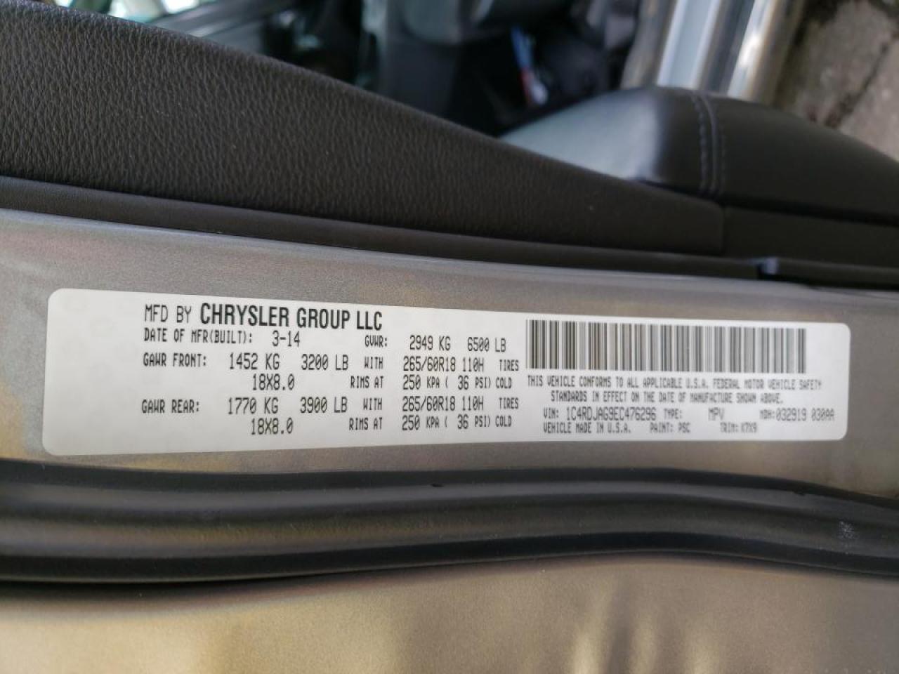 Photo 10 from auction – 2014 DODGE DURANGO SX with VIN 1C4RDJAG9EC476296