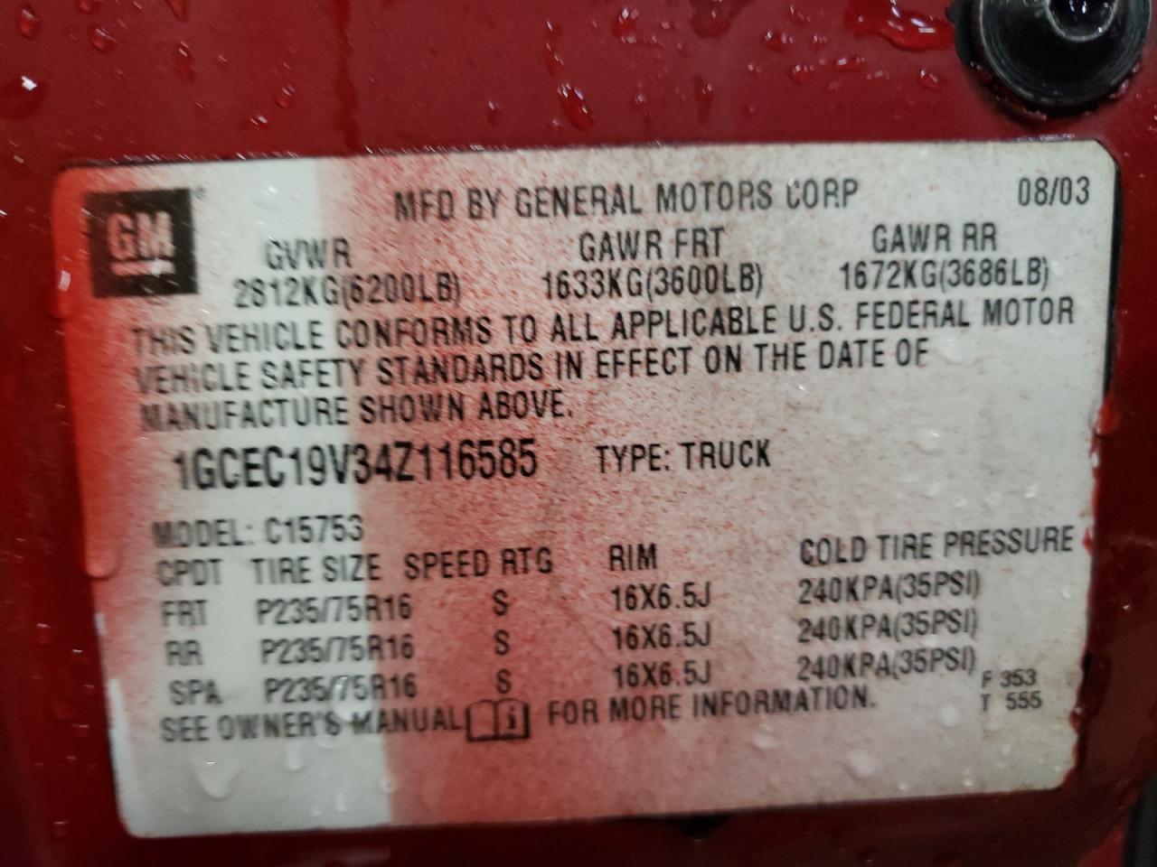 Photo 10 from auction – 2004 CHEVROLET SILVERADO with VIN 1GCEC19V34Z116585
