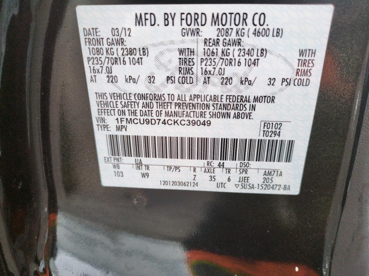 Photo 10 from auction – 2012 FORD ESCAPE XLT with VIN 1FMCU9D74CKC39049