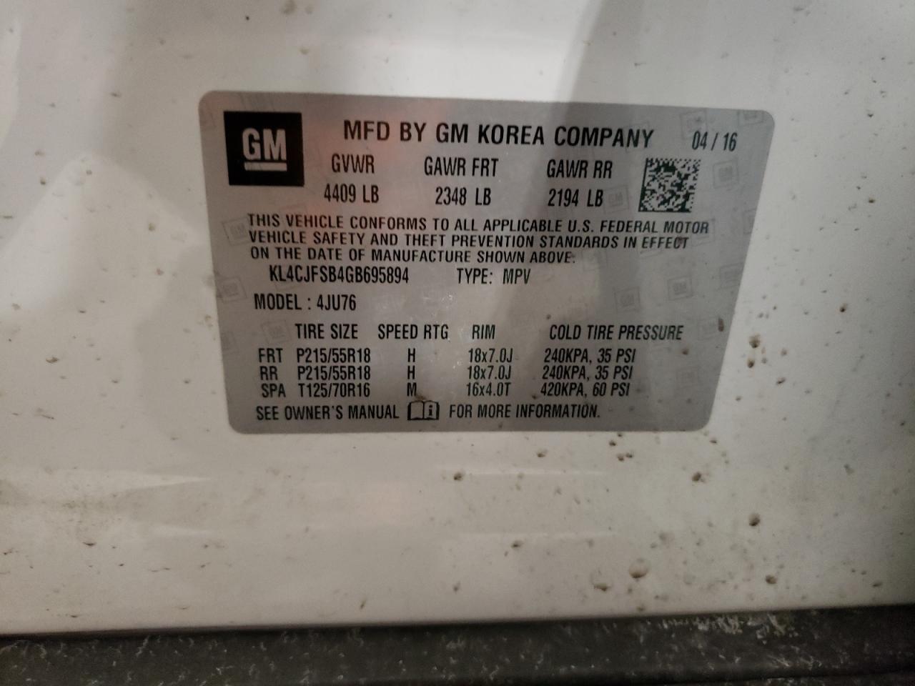 Photo 10 from auction – 2016 BUICK ENCORE CON with VIN KL4CJFSB4GB695894