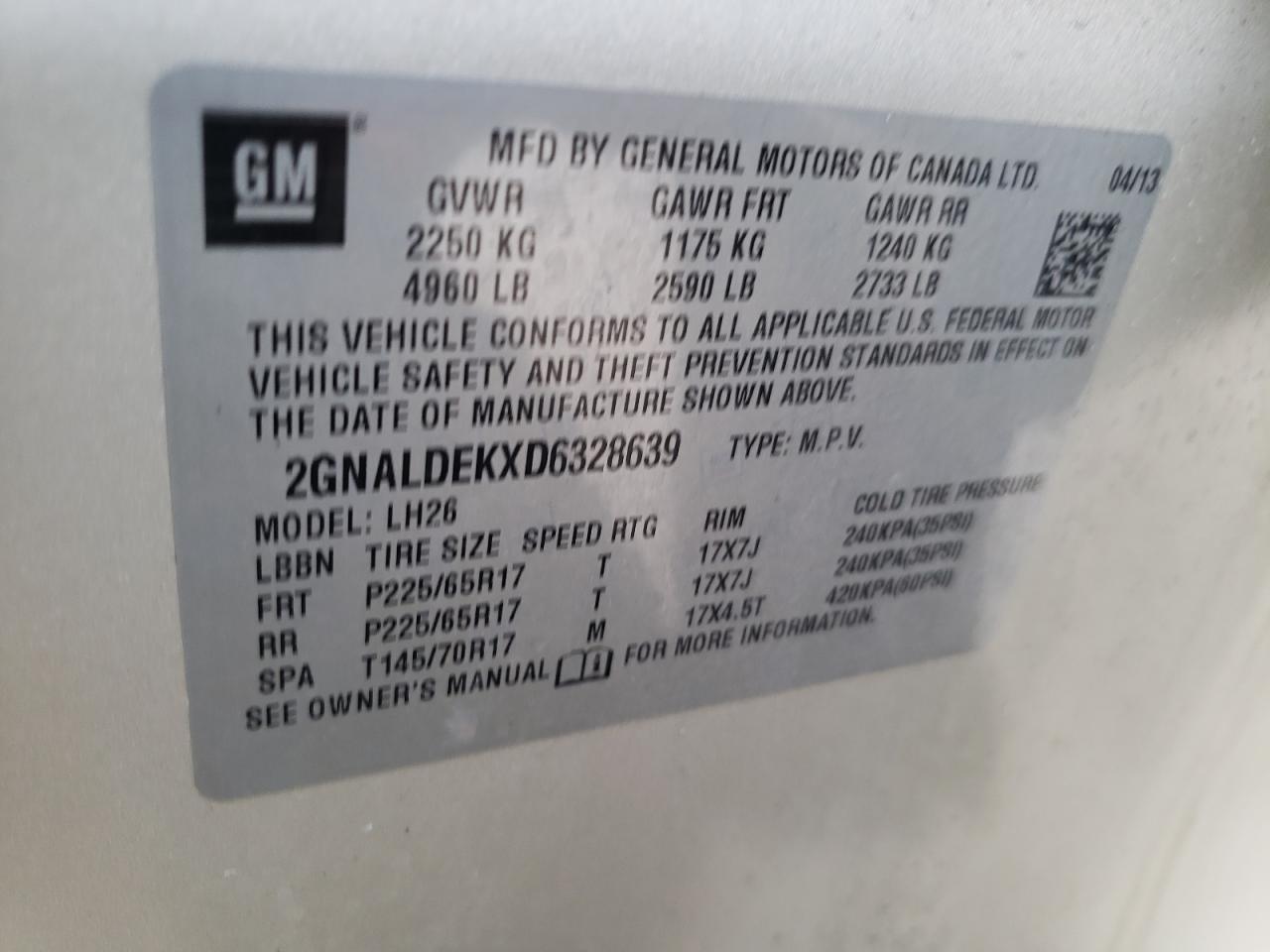 Photo 10 from auction – 2013 CHEVROLET EQUINOX LT with VIN 2GNALDEKXD6328639