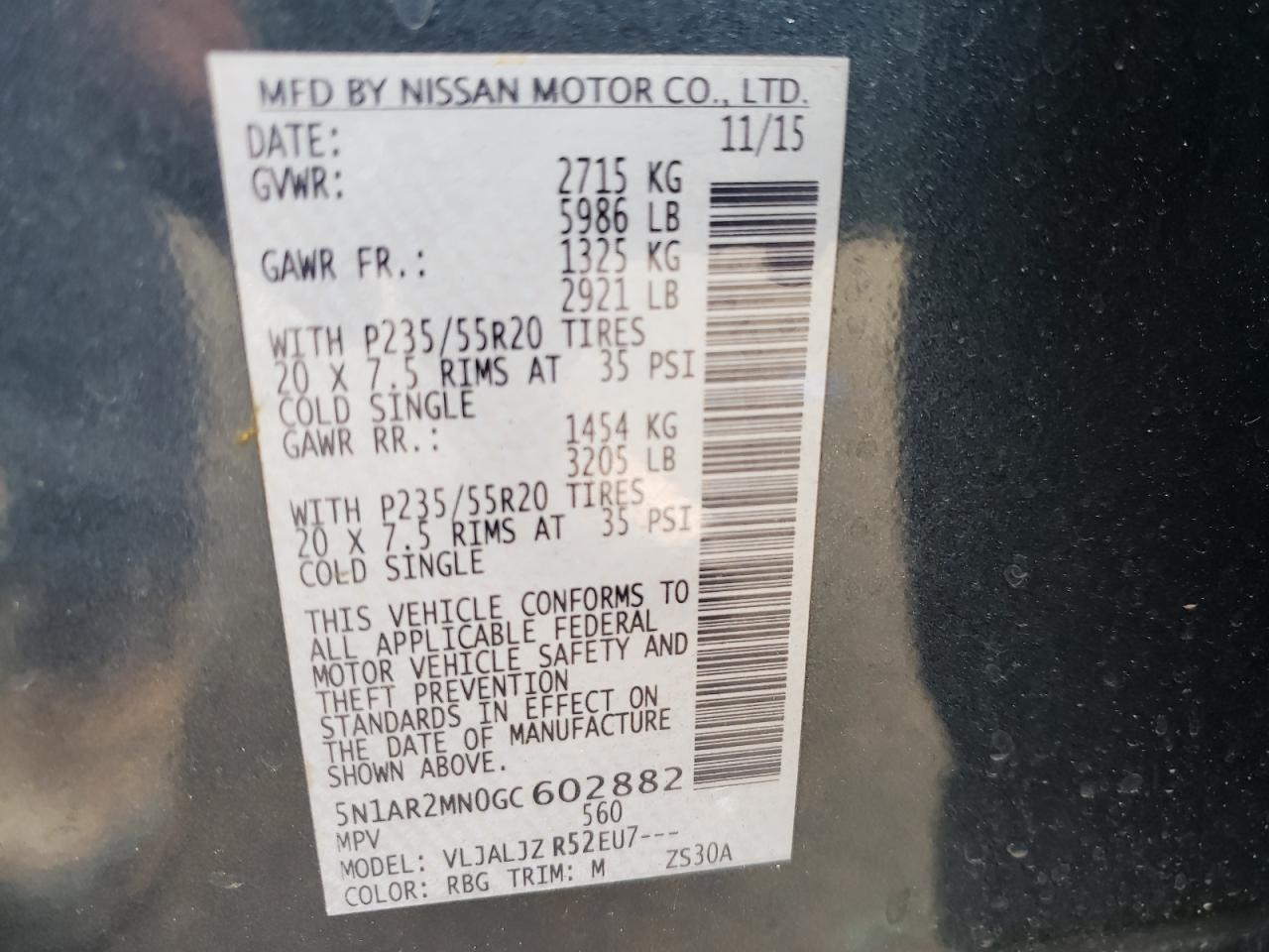 Photo 10 from auction – 2016 NISSAN PATHFINDER with VIN 5N1AR2MN0GC602882