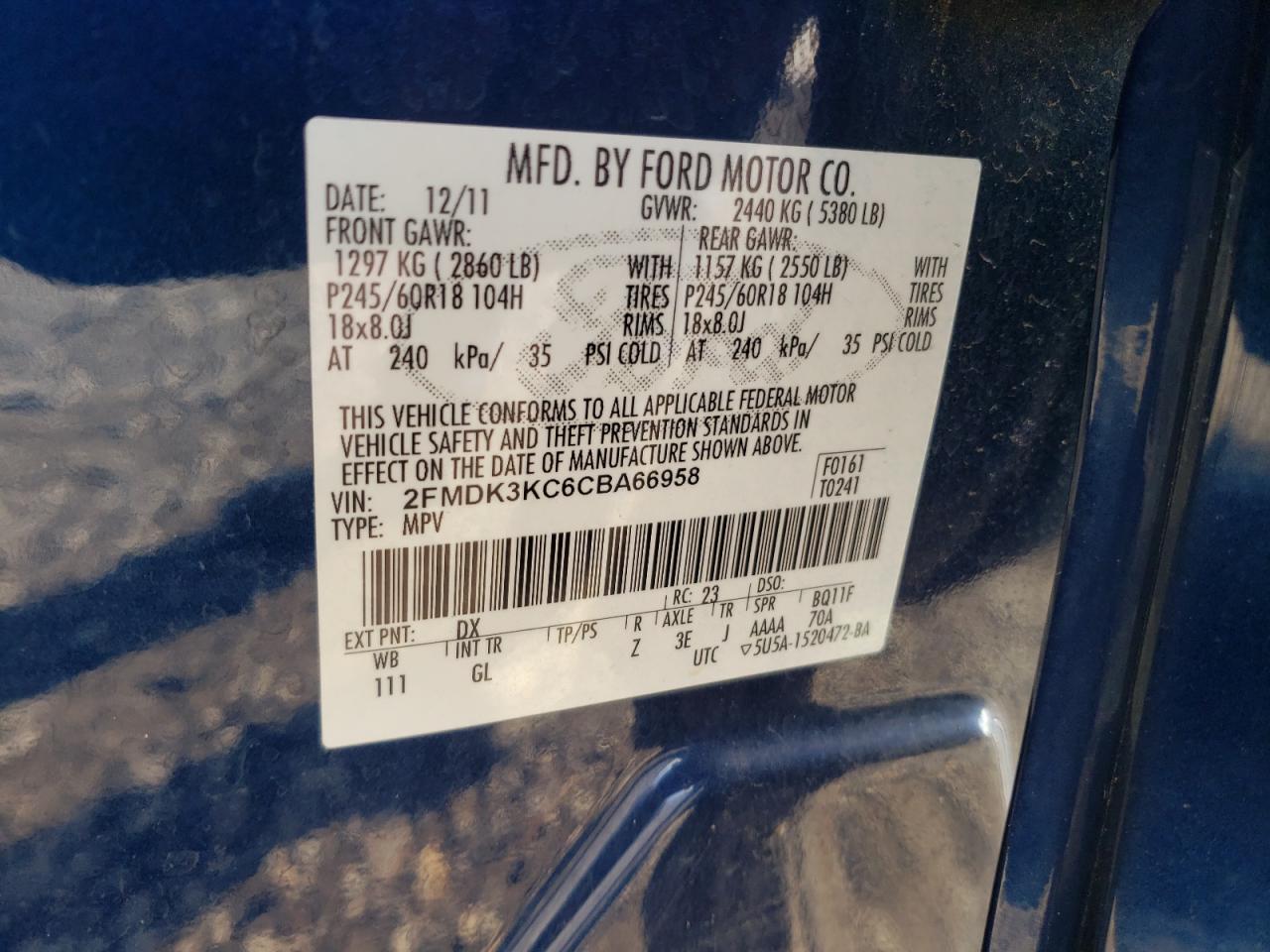 Photo 10 from auction – 2012 FORD EDGE LIMIT with VIN 2FMDK3KC6CBA66958
