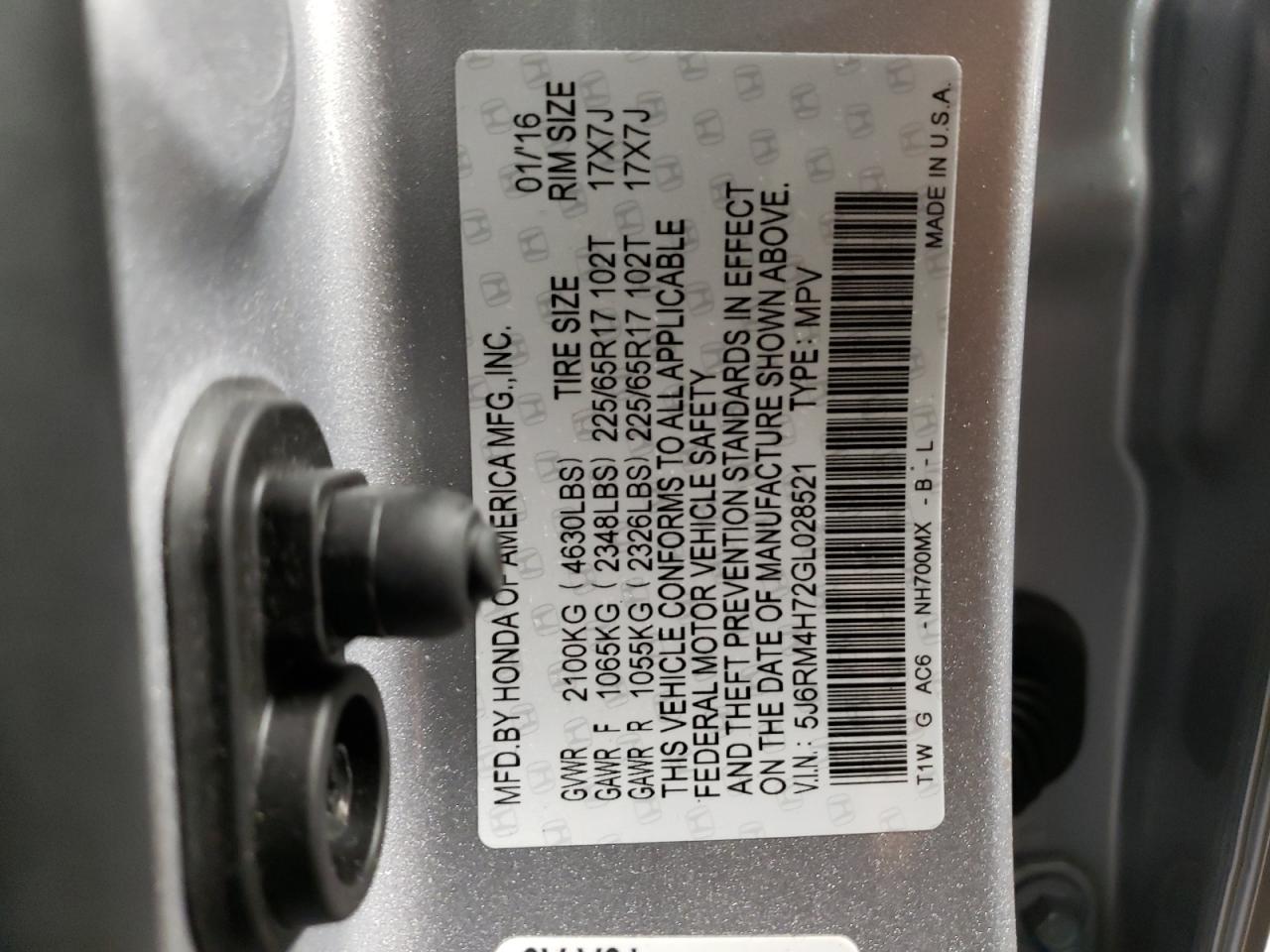 Photo 10 from auction – 2016 HONDA CR-V EXL with VIN 5J6RM4H72GL028521
