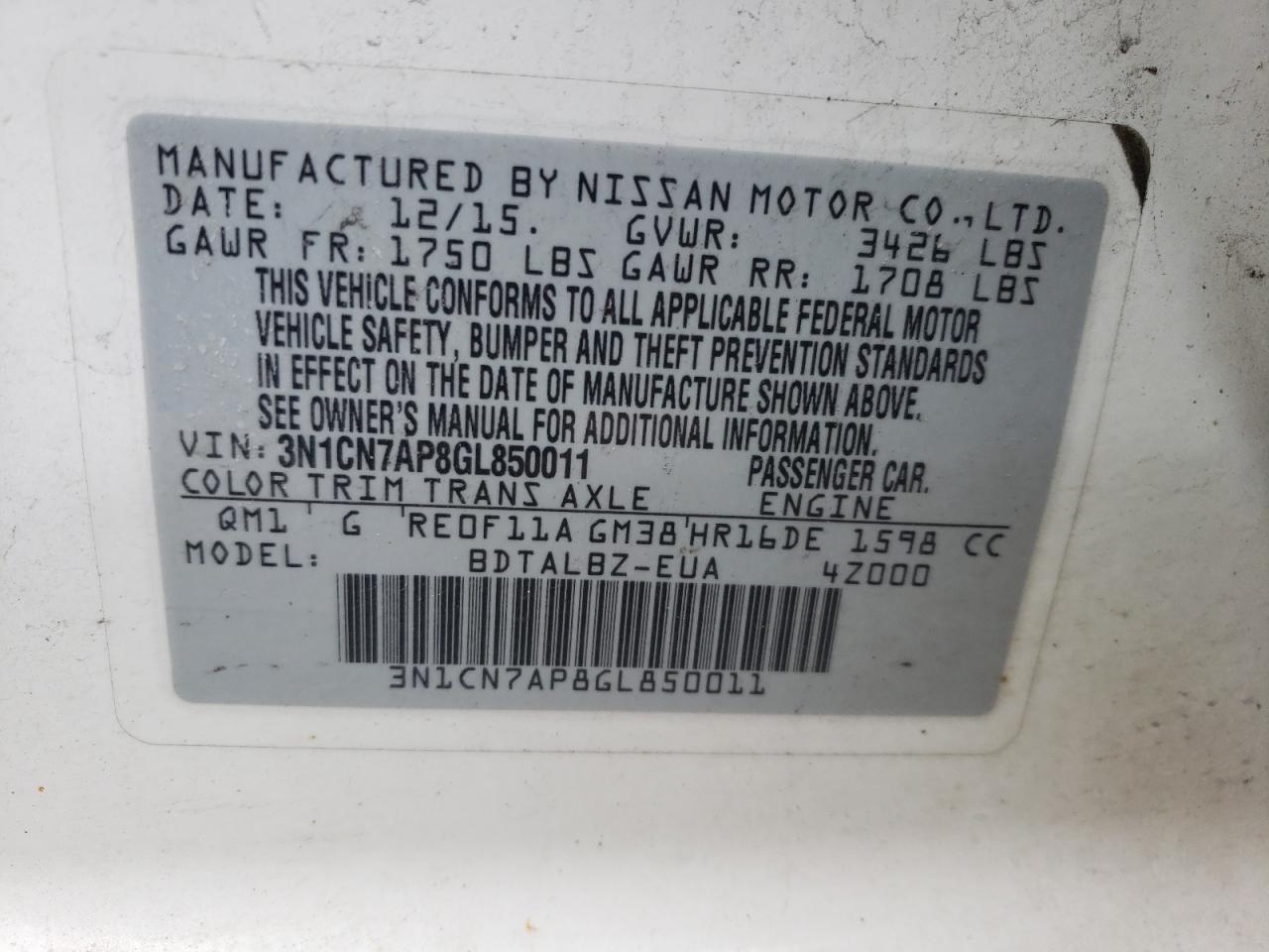 Photo 10 from auction – 2016 NISSAN VERSA S with VIN 3N1CN7AP8GL850011