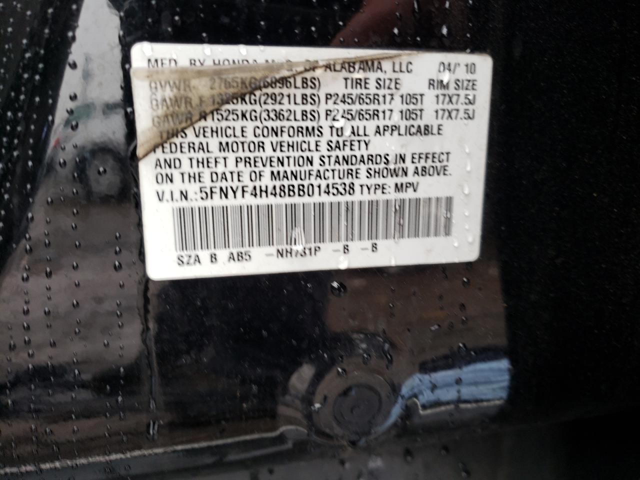 Photo 10 from auction – 2011 HONDA PILOT EX with VIN 5FNYF4H48BB014538