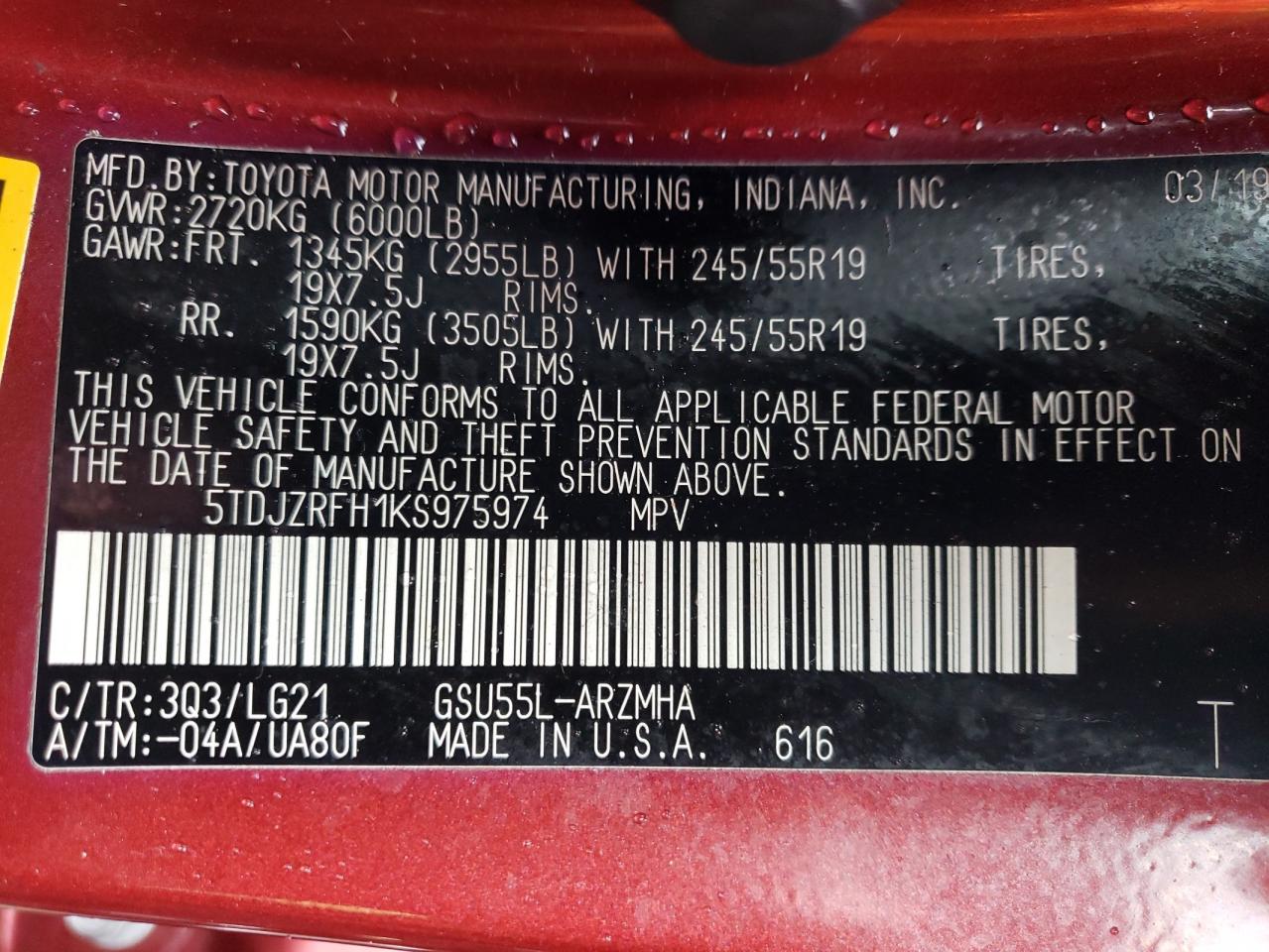Photo 10 from auction – 2019 TOYOTA HIGHLANDER with VIN 5TDJZRFH1KS975974