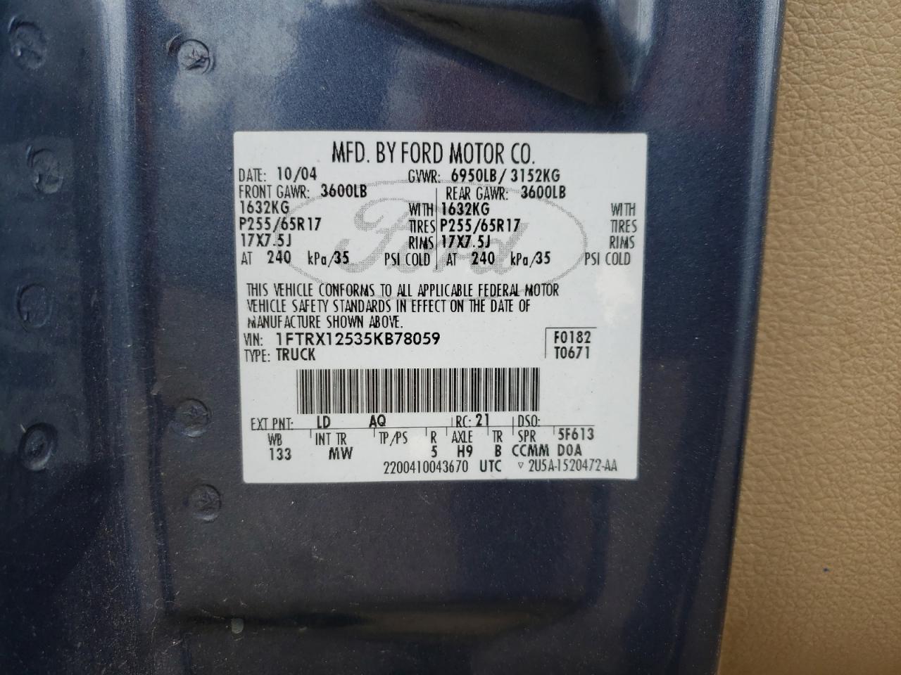 Photo 10 from auction – 2005 FORD F150 with VIN 1FTRX12535KB78059