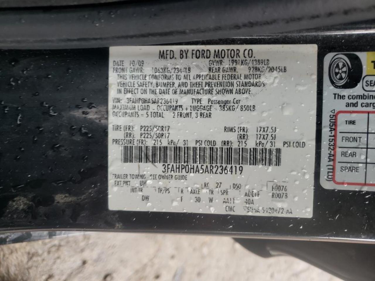 Photo 10 from auction – 2010 FORD FUSION SE with VIN 3FAHP0HA5AR236419