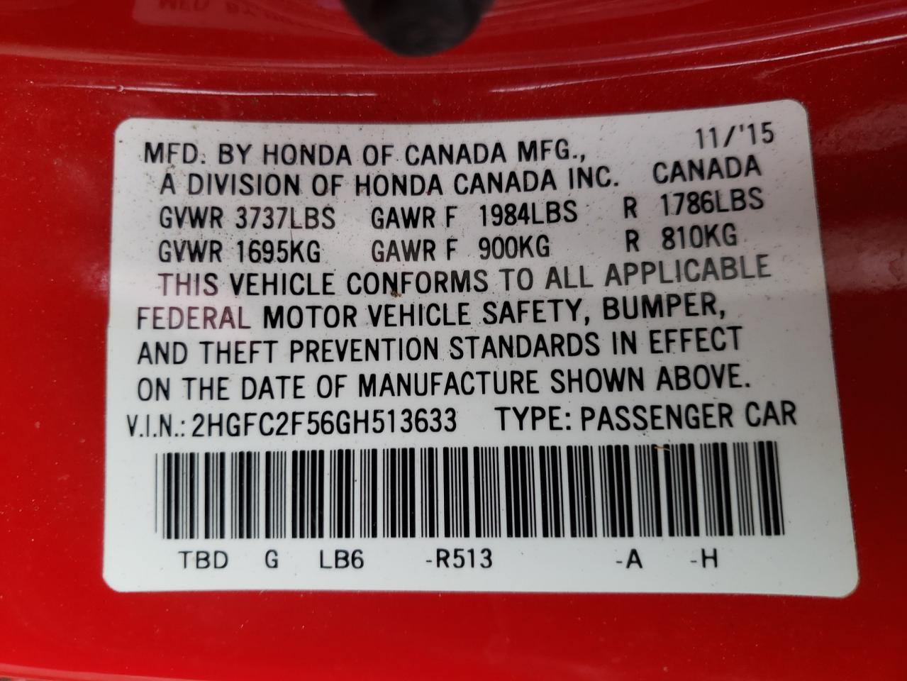 Photo 10 from auction – 2016 HONDA CIVIC LX with VIN 2HGFC2F56GH513633