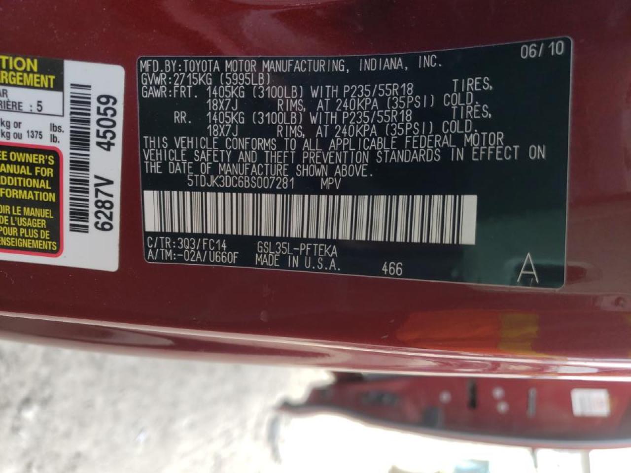 Photo 10 from auction – 2011 TOYOTA SIENNA LE with VIN 5TDJK3DC6BS007281