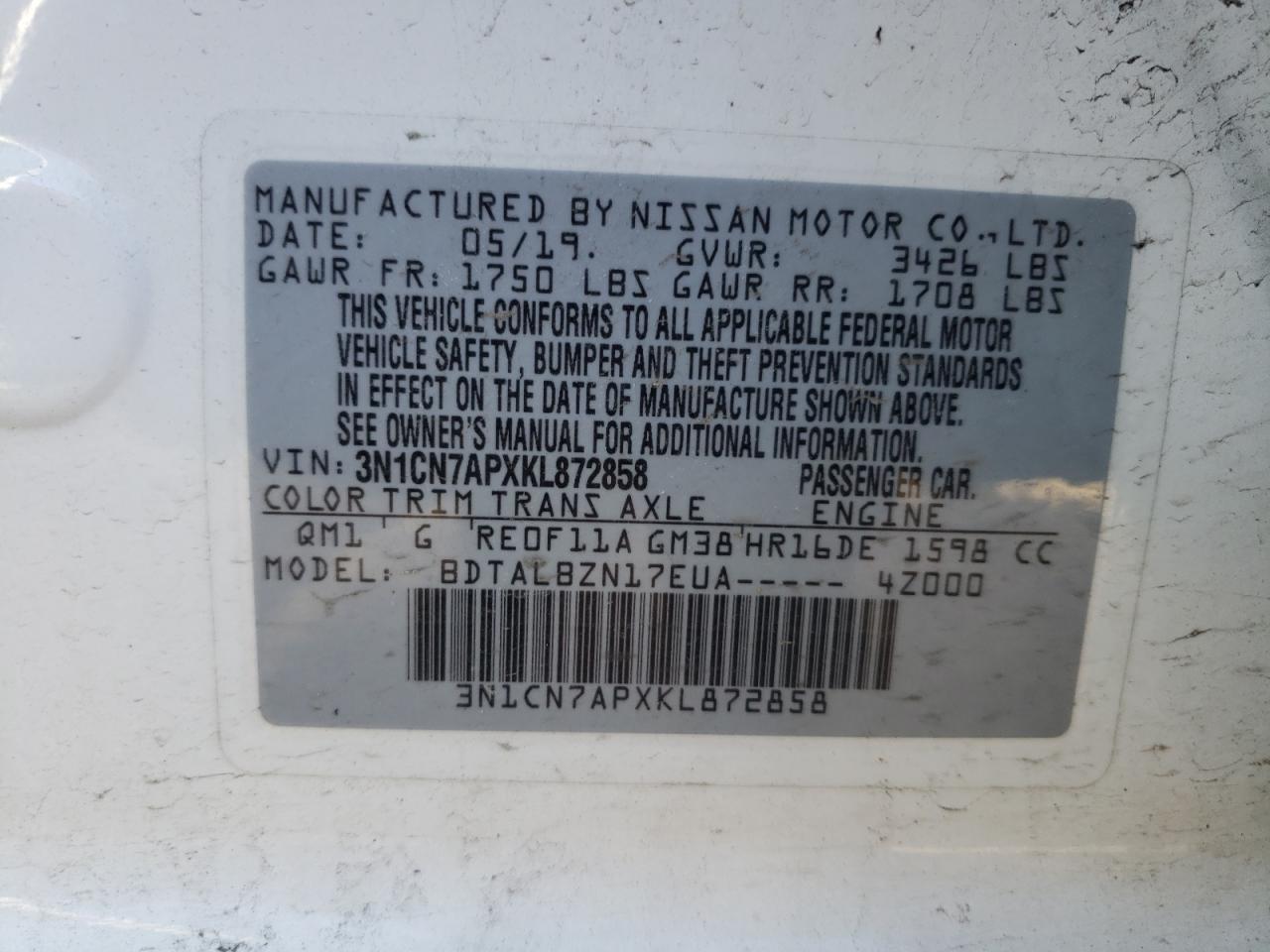 Photo 10 from auction – 2019 NISSAN VERSA S with VIN 3N1CN7APXKL872858