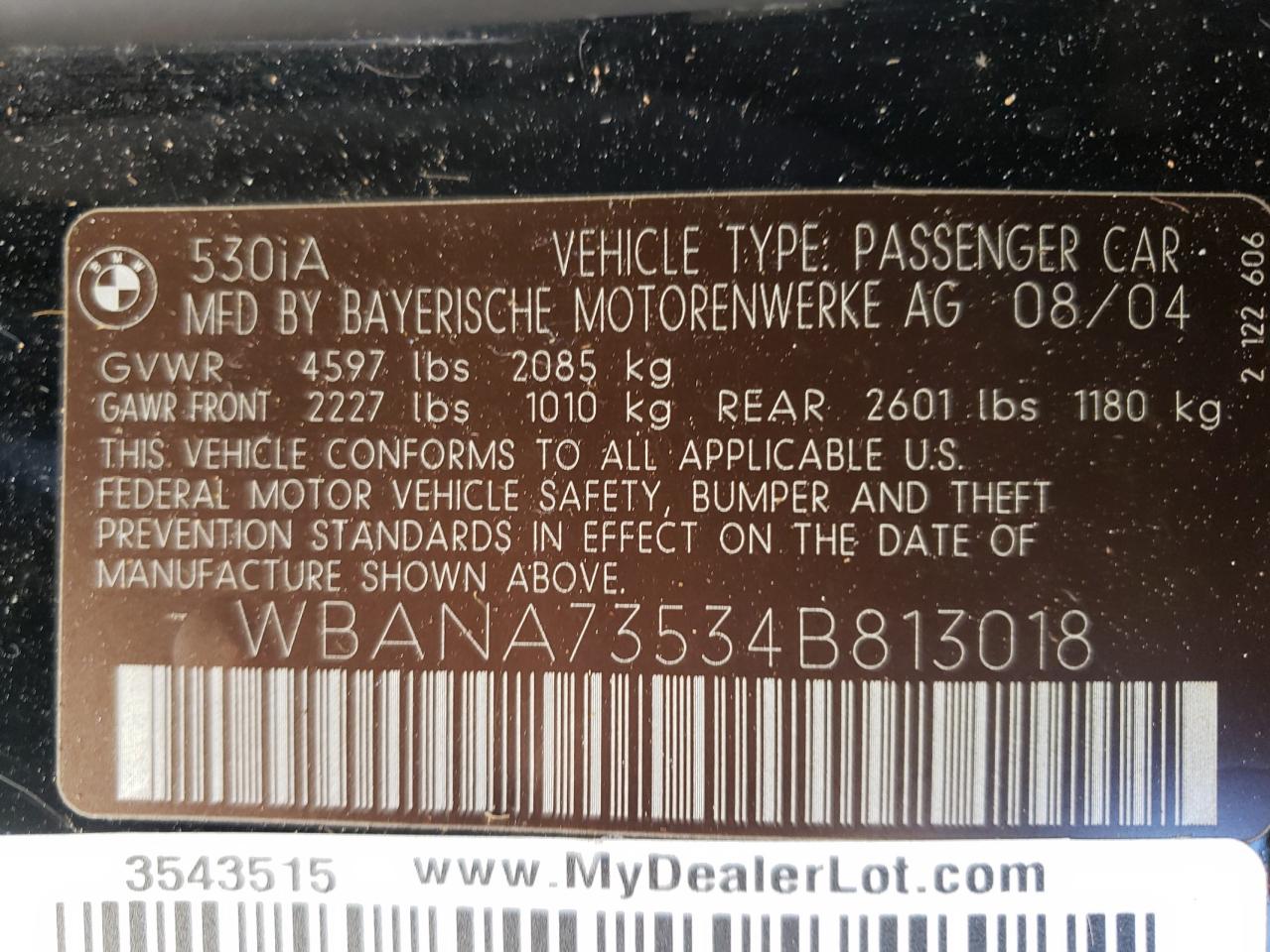 Photo 10 from auction – 2004 BMW 530 I with VIN WBANA73534B813018