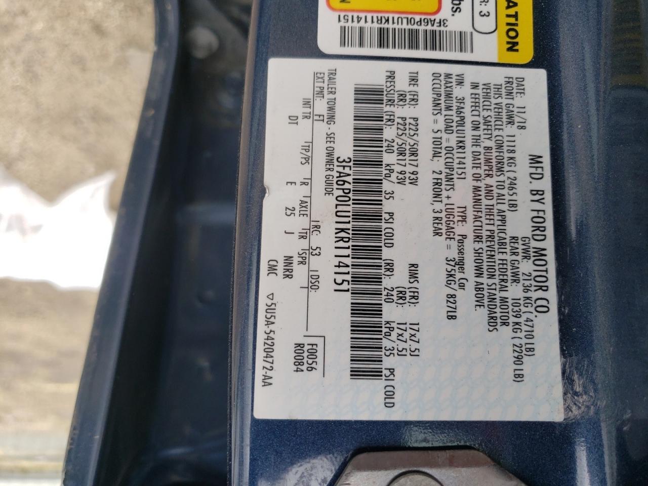 Photo 10 from auction – 2019 FORD FUSION SE with VIN 3FA6P0LU1KR114151