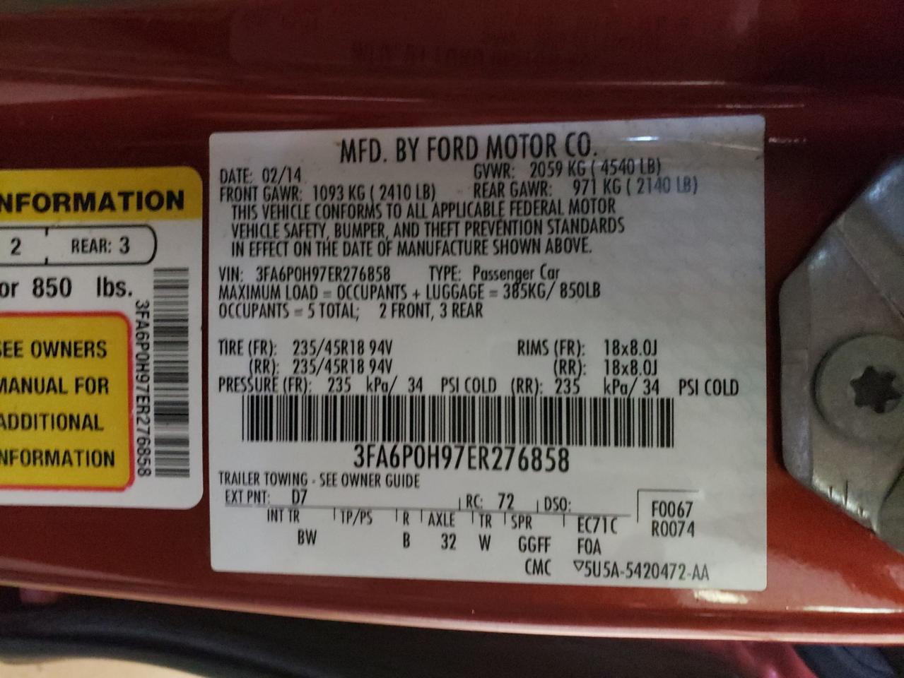 Photo 10 from auction – 2014 FORD FUSION SE with VIN 3FA6P0H97ER276858