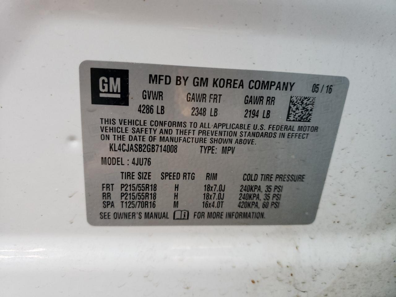 Photo 10 from auction – 2016 BUICK ENCORE with VIN KL4CJASB2GB714008