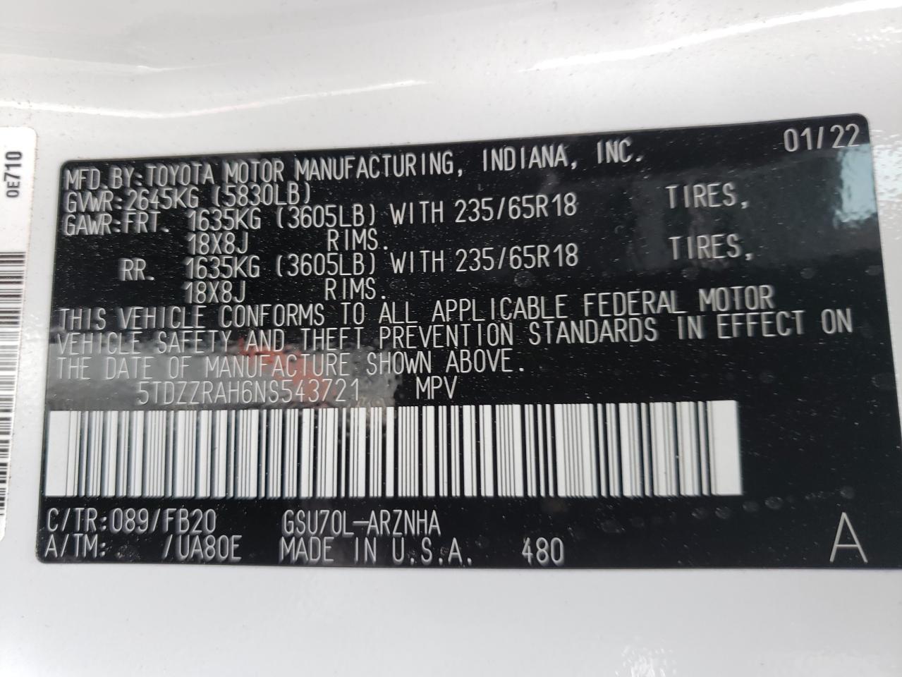 Photo 10 from auction – 2022 TOYOTA HIGHLANDER with VIN 5TDZZRAH6NS543721