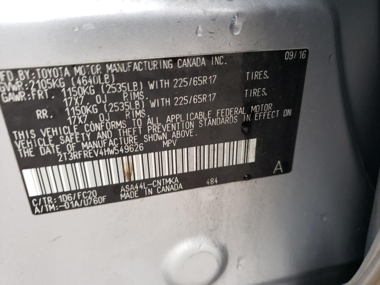 Photo 10 from auction – 2017 TOYOTA RAV4 XLE with VIN 2T3RFREV4HW549626