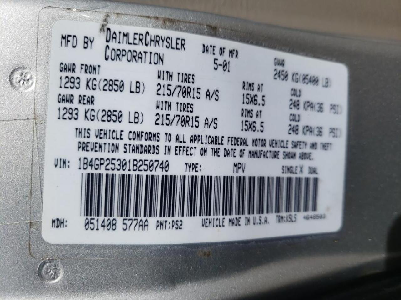 Photo 10 from auction – 2001 DODGE CARAVAN SE with VIN 1B4GP25301B250740