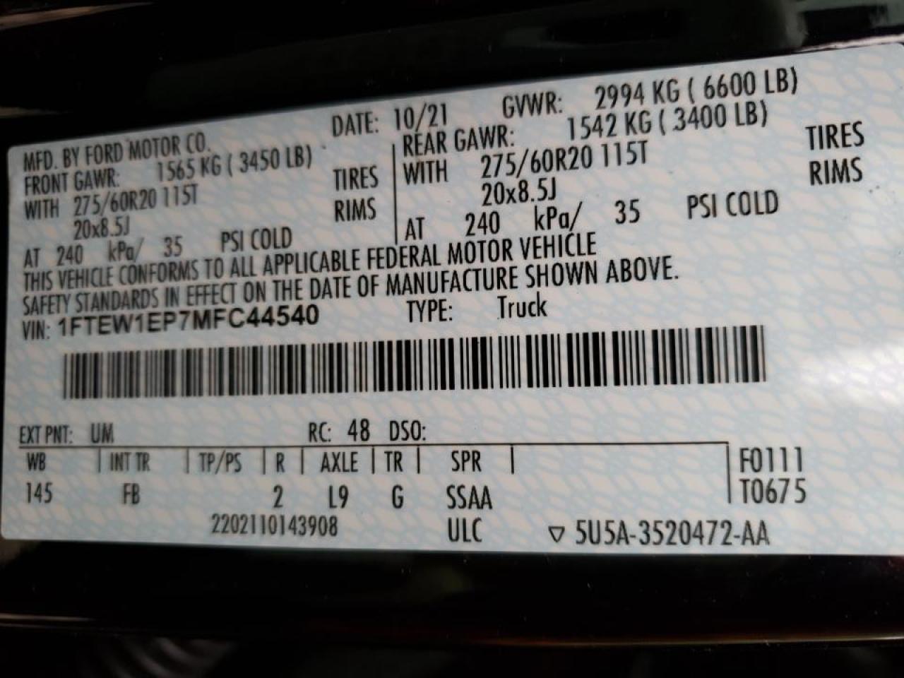 Photo 10 from auction – 2021 FORD F150 SUPER with VIN 1FTEW1EP7MFC44540