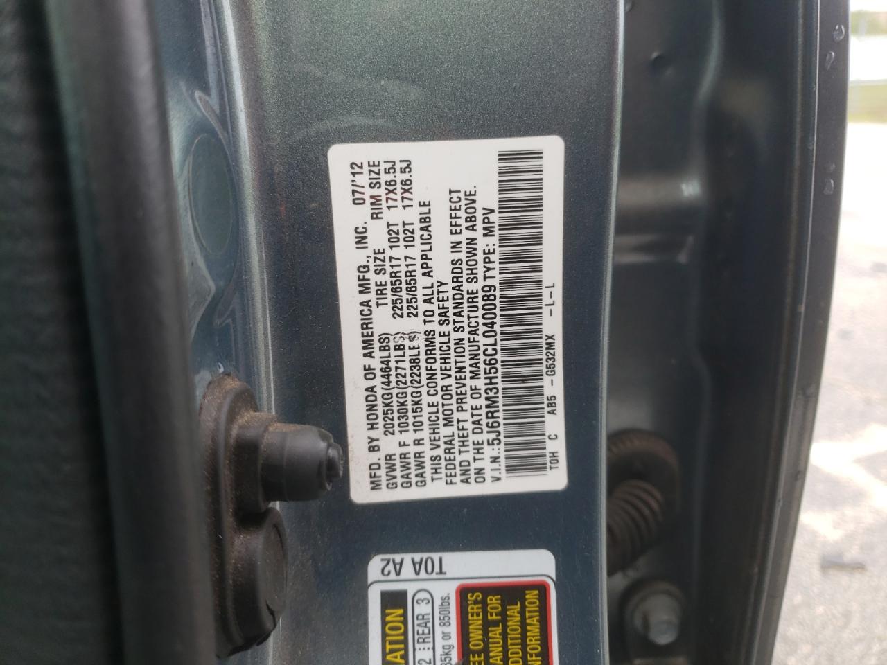 Photo 10 from auction – 2012 HONDA CR-V EX with VIN 5J6RM3H56CL040089