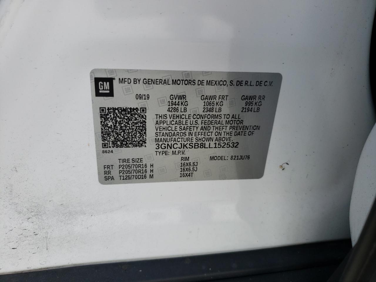 Photo 10 from auction – 2020 CHEVROLET TRAX LS with VIN 3GNCJKSB8LL152532