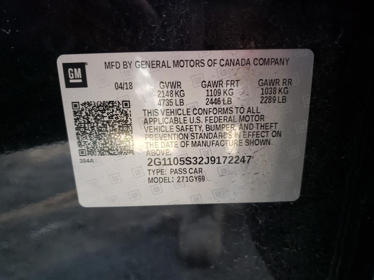 Photo 10 from auction – 2018 CHEVROLET IMPALA LT with VIN 2G1105S32J9172247