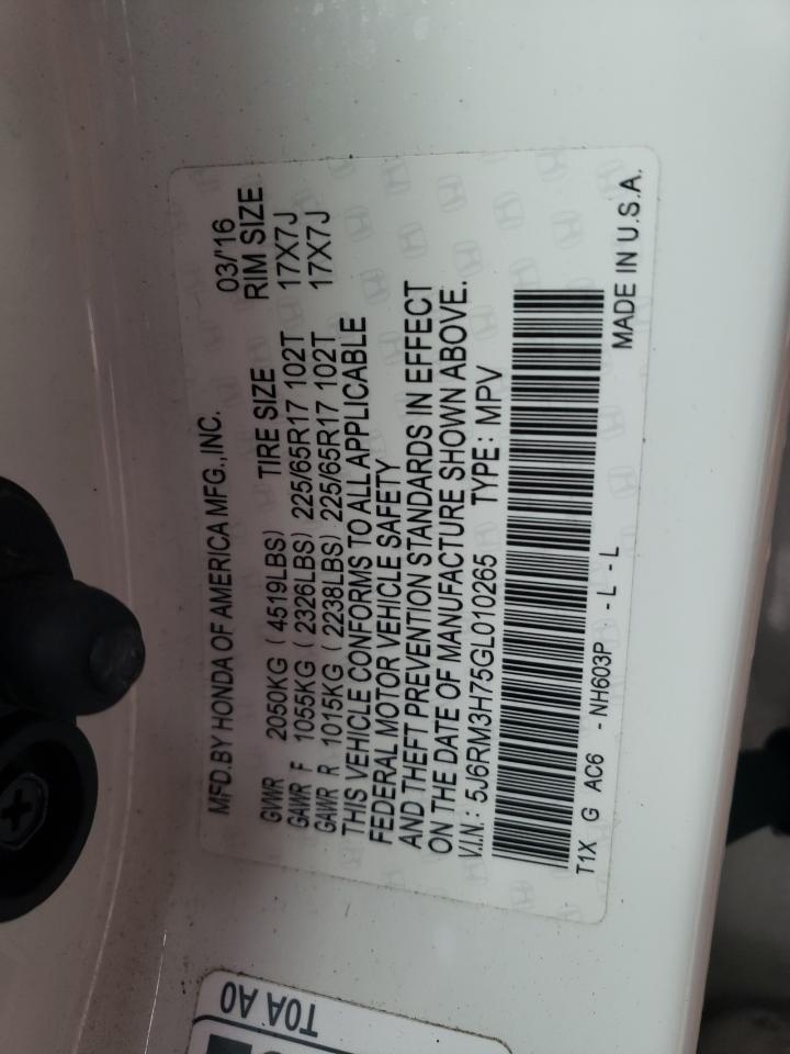Photo 10 from auction – 2016 HONDA CR-V EXL with VIN 5J6RM3H75GL010265