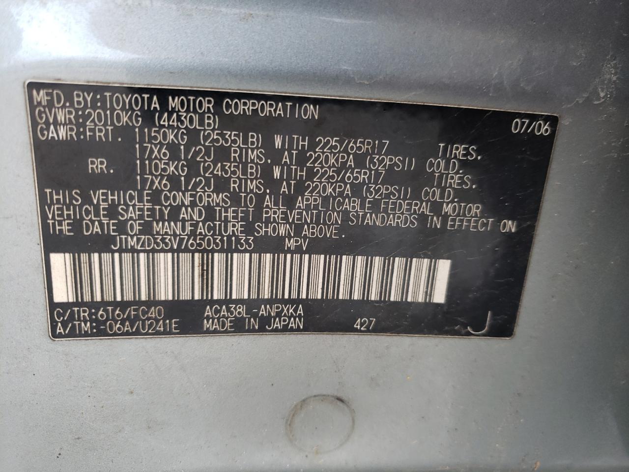 Photo 10 from auction – 2006 TOYOTA RAV4 with VIN JTMZD33V765031133