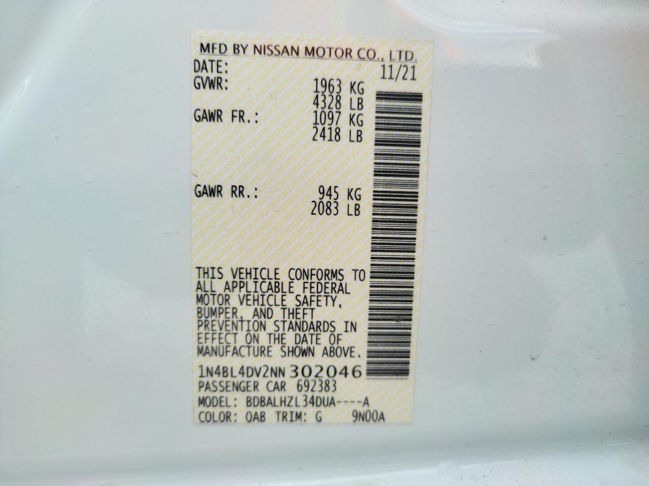 Photo 10 from auction – 2022 NISSAN ALTIMA SV with VIN 1N4BL4DV2NN302046
